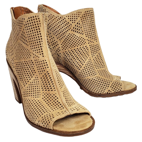 New Lucky brand vacob open toe chunky heel perforated suede ankle booties tan - Picture 6 of 13